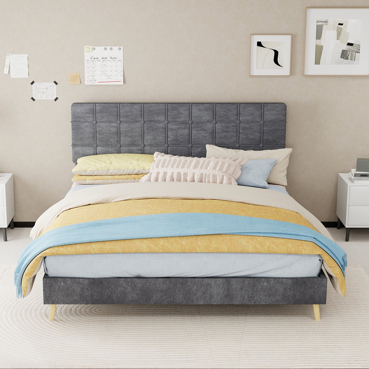 AURA LUMEN Gestoffeerd bed-Tweepersoonsbed-160 x 200 cm-Plaid hoofdbord-Velvet-Grijs