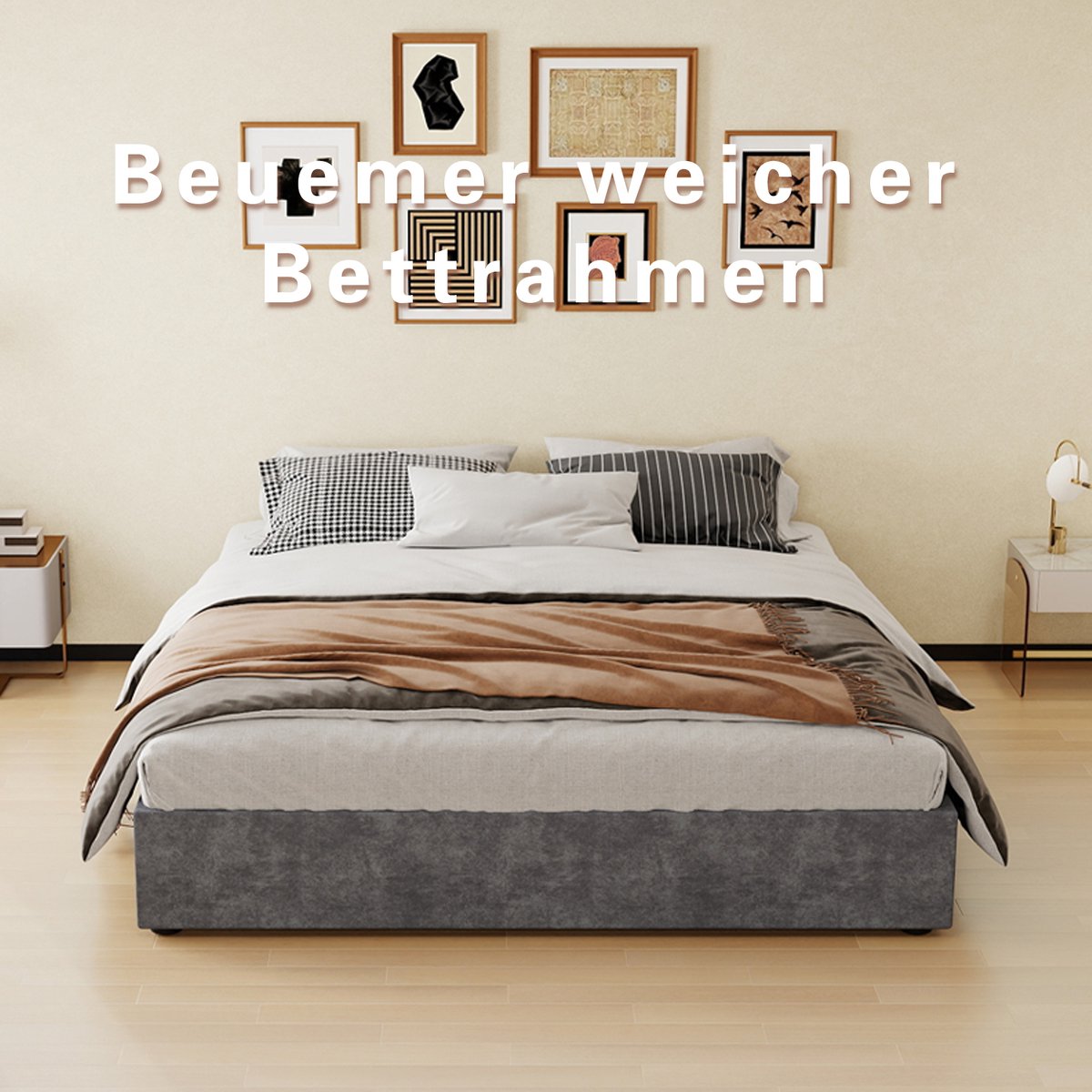 AURA LUMEN Gestoffeerd bed-Tweepersoonsbed-160 x 200 cm-Gasveer bed-Bed met opbergruimte-Grijs