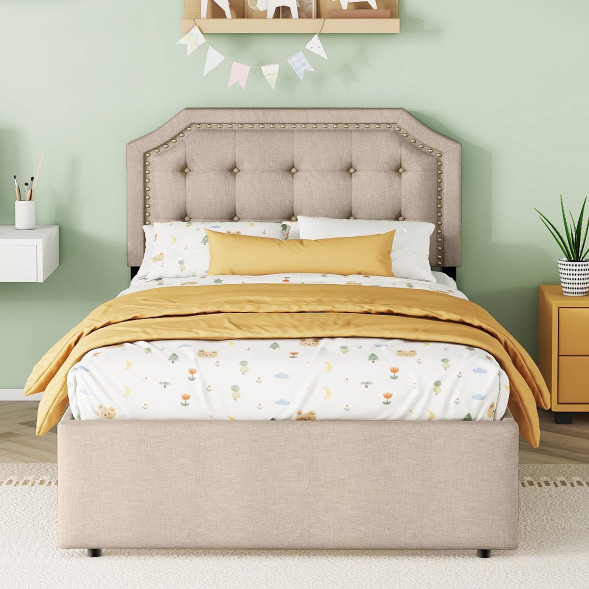 AURA LUMEN Gestoffeerd bed-Eenpersoonsbed-90 x 200 cm-Bed met lades-Bed met hoofdbord-Dunkelbeige