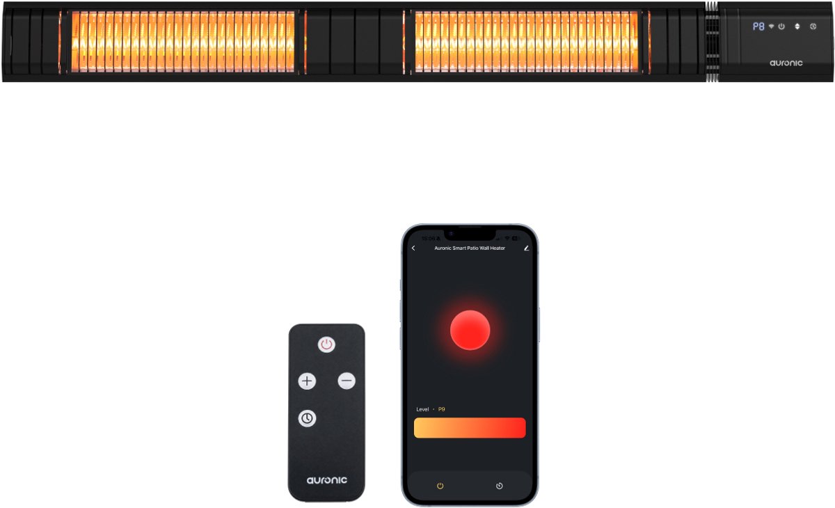 Auronic Smart Terrasverwarmer XL- Infrarood Verwarming - Elektrische Heater Carbon Fibre - Tot 25m2 - 3000W - Met app en Afstandsbediening - 9 standen - Zwart