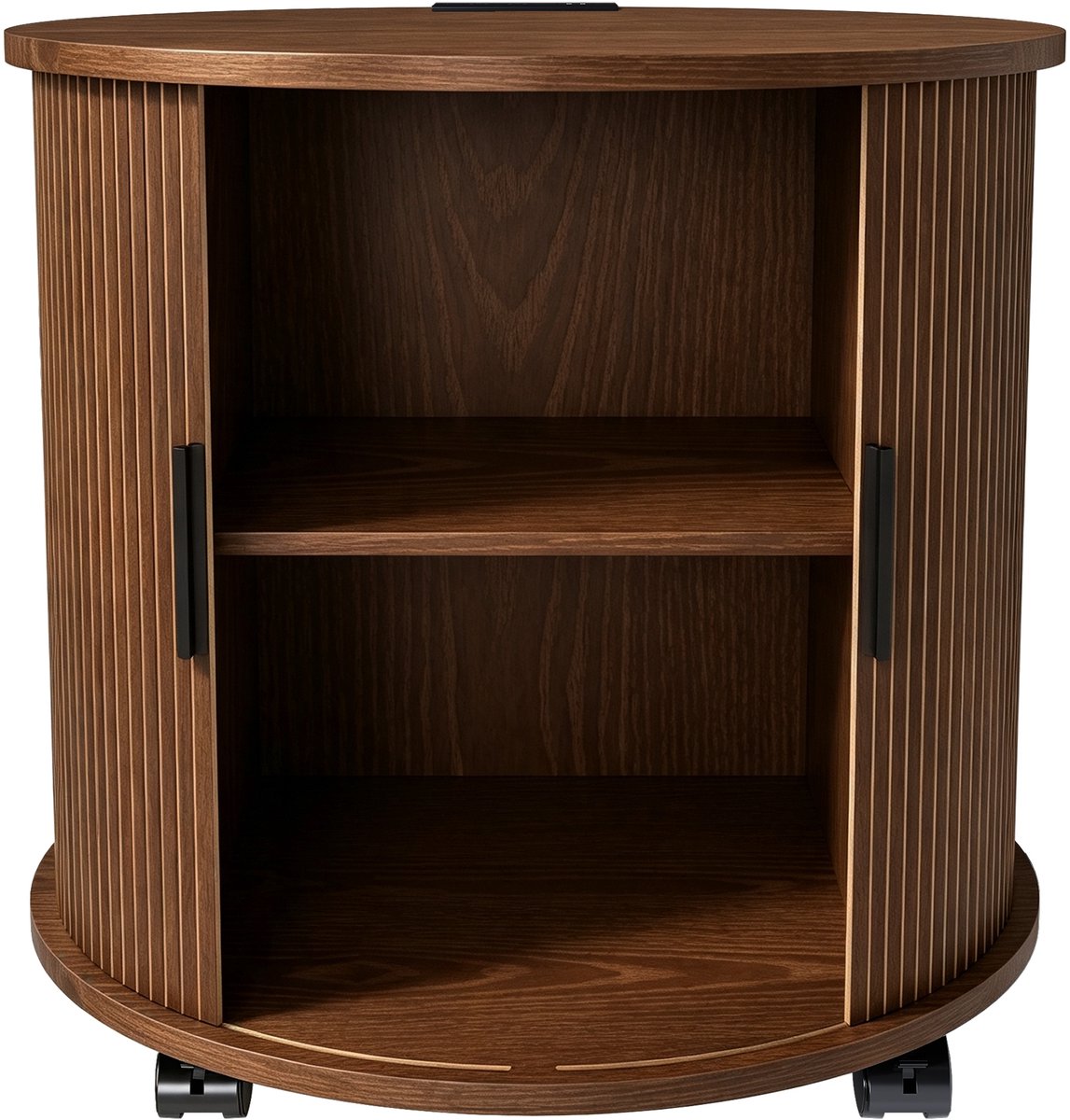 Ropilly Rond Nachtkastje met Oplaadstation - Bijzettafel met USB en Stopcontact - Walnoot Design - Schuifdeur met Opbergruimte - MDF - 60x60 cm Noten
