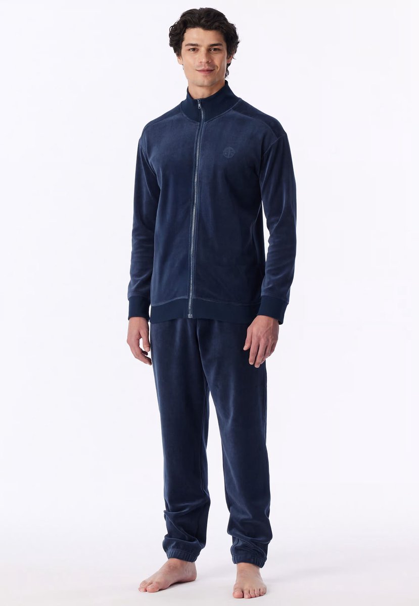 Schiesser velours heren huispak met rits - Oversized - Casual Nightwear - 56 deep sea blue