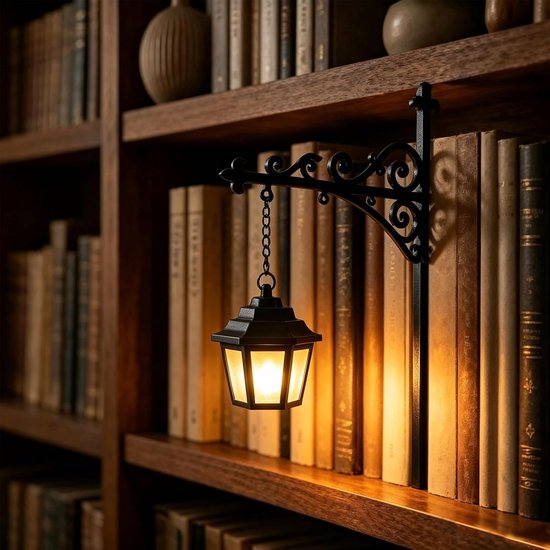 Zwart, decoratief armatuur met een hangend lampje met warme gloed, bevestigd aan een boekenplank tussen boeken.