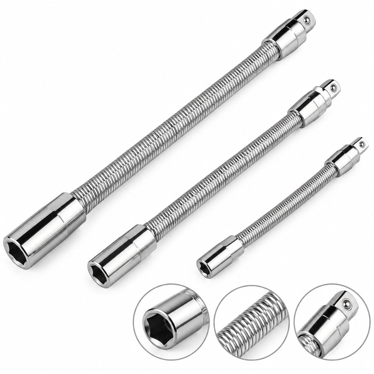 VHV - Flexibele steekverlenging - 3 stuks - Zilver - Flexibele verlengstukken - Lange ratelverlengstukken - 1/4", 3/8" en 1/2" - in en rond de auto