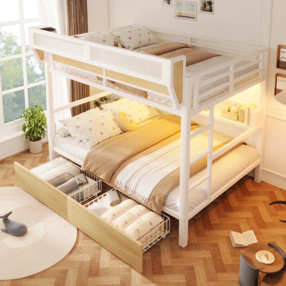 Zubaliya Witte Metalen Hoogslaper Twijfelaar 140x200 cm met 2 Lades & LED Verlichting - Kinderbed & Jeugdbed met Opbergplank & Hangmand - Wit