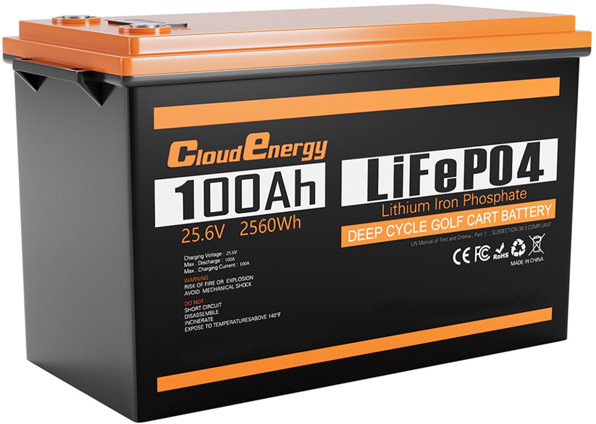 Cloudenergy 24V 100Ah LiFePO4-batterij, 2560Wh, 6000+ cycli, 100A BMS, serie/parallel, voor back-upstroom, camper, boot, zonne-energie, trollingmotor en off-grid.