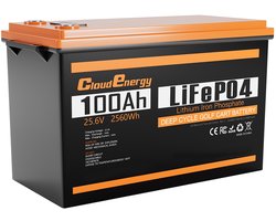 Cloudenergy 24V 100Ah LiFePO4-batterij, 2560Wh, 6000+ cycli, 100A BMS, serie/parallel, voor back-upstroom, camper, boot, zonne-energie, trollingmotor en off-grid.