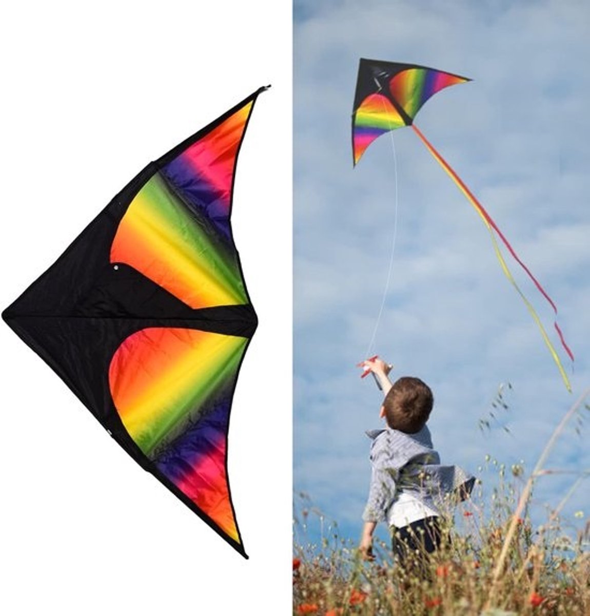 Driehoeksvlieger - Lange staart - Vliegerspeelgoed - Buiten spelen - Helder kleurrijk ontwerp - 150 cm breed - Veelkleurig