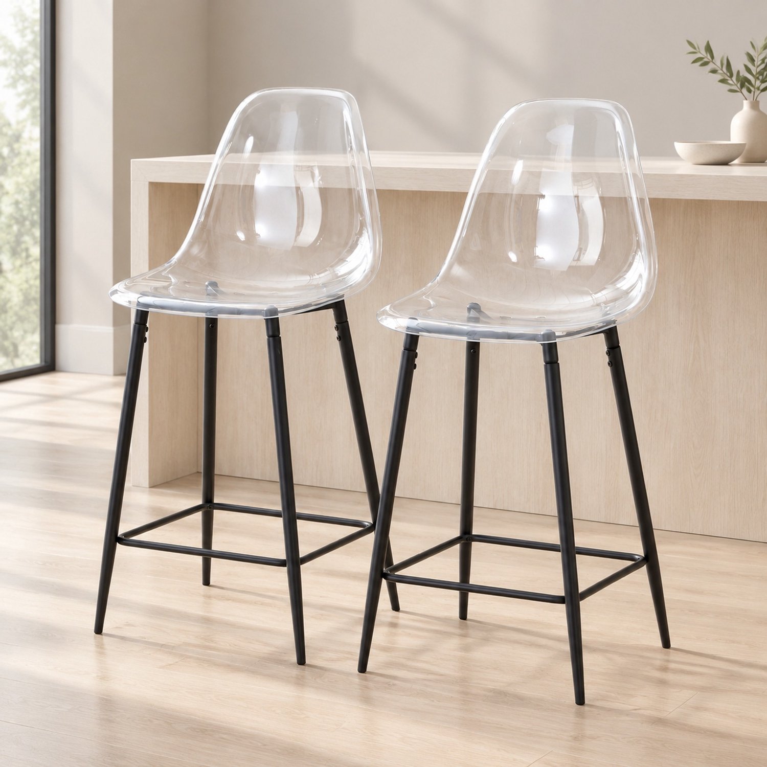 WUVRIE Transparante barkrukken set van 2 - Met rugleuning, zwart metalen onderstel en voetsteun - Zwart/transparant