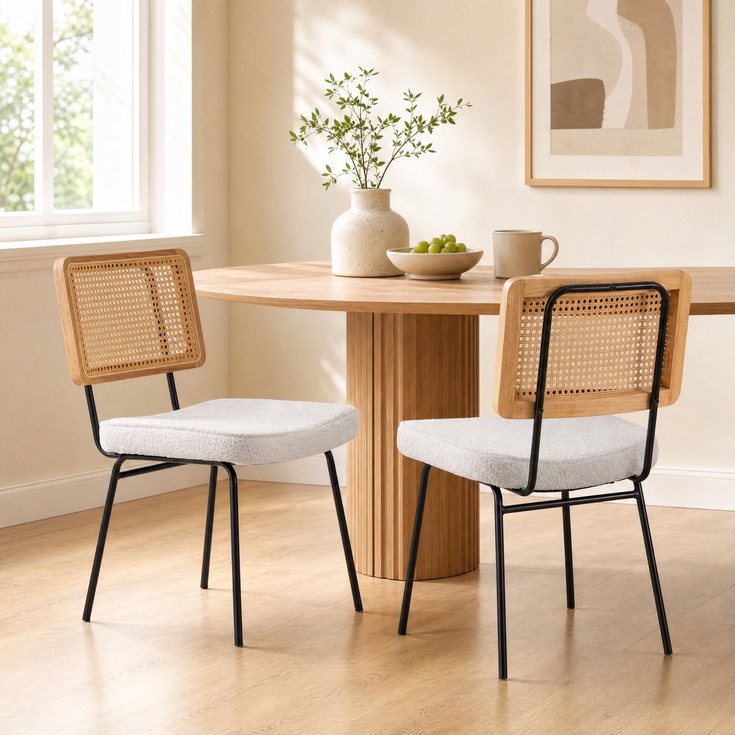 WUVRIE Set van 2 eetkamerstoelen zonder armleuningen - Chenille en rotanlook - Ivoor