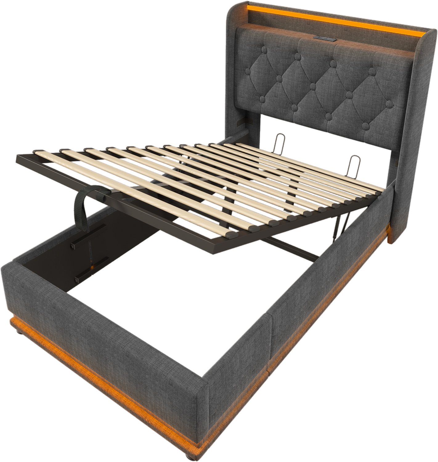 Eenpersoonsbed 90x200 cm - Hydraulisch Opbergbed Met 360° LED-Verlichting - Gestoffeerd Hoofdbord Met USB En USB-C - Grijs Linnen