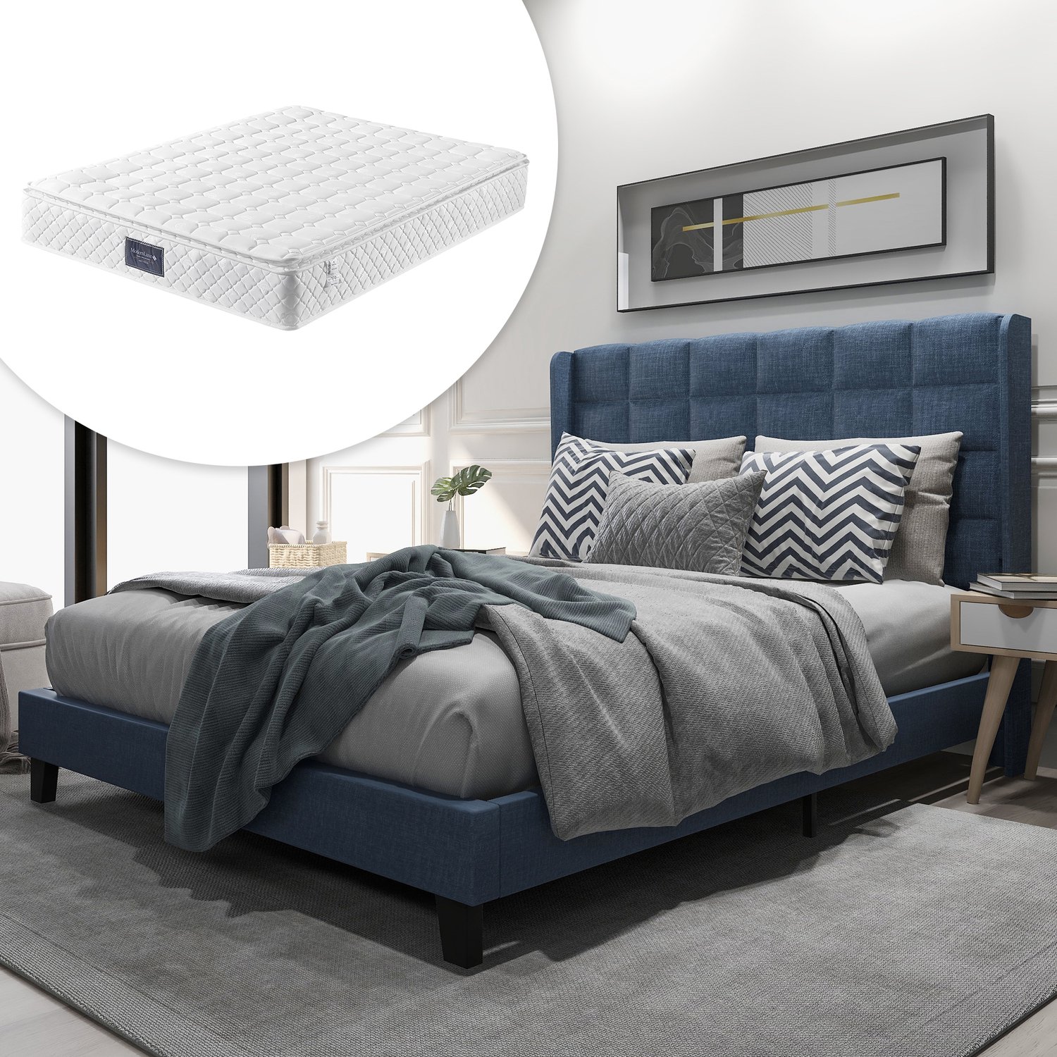 Ropilly Gestoffeerd Bed 140x200 cm - Met Pocketveringmatras En Lattenbodem - Hoog Gepolsterd Hoofdbord - Blauw Linnen Bed Met Zwarte Poten