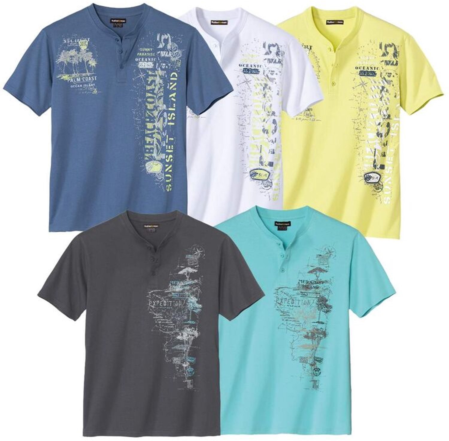 ATLAS FOR MEN - Set van 5 T-shirts met Henley kraag Oceanic - Heren - Verkrijgbaar in grote maten - M