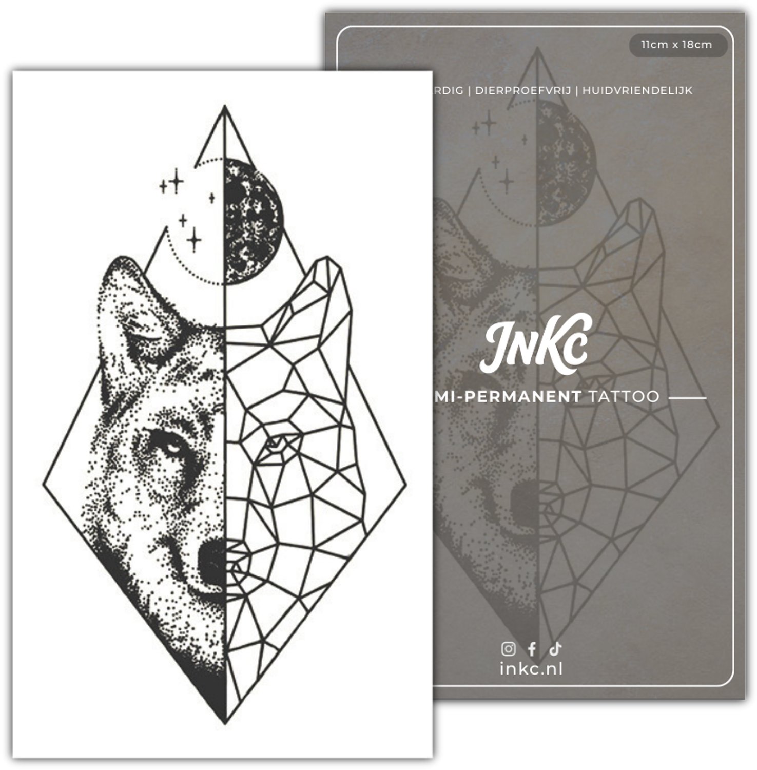 INKC - Tijdelijke Tattoo - Dag Nacht Wolf - Nep Tattoo - Plak Tattoos - Blijft tot 2 weken - 11 x 18cm