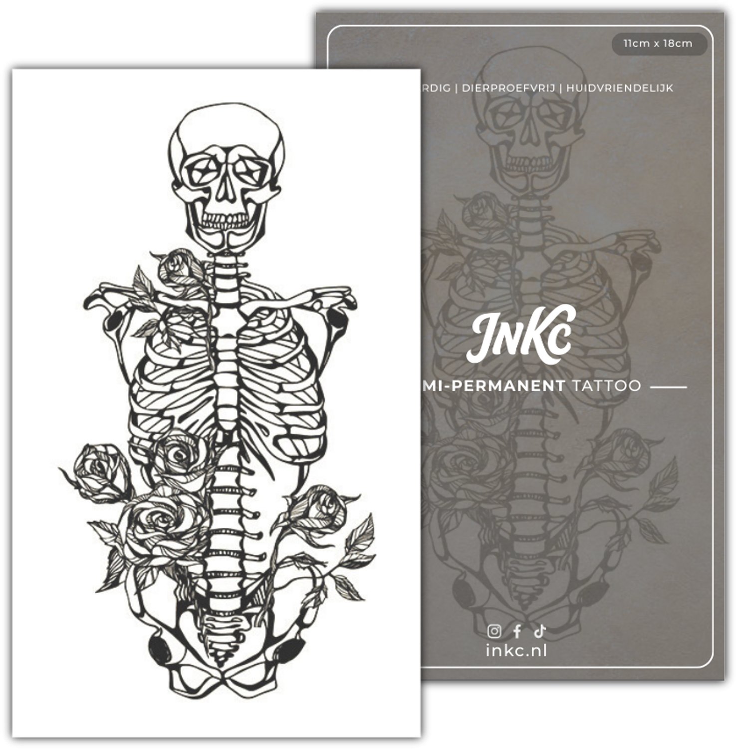 INKC - Tijdelijke Tattoo - Skelet met Rozen - Nep Tattoo - Plak Tattoos - Blijft tot 2 weken - 11 x 18cm