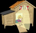 Een blond meisje in tuinbroek kruipt uit een houten huisje dat verlicht wordt door een magische gouden lichtstraal.