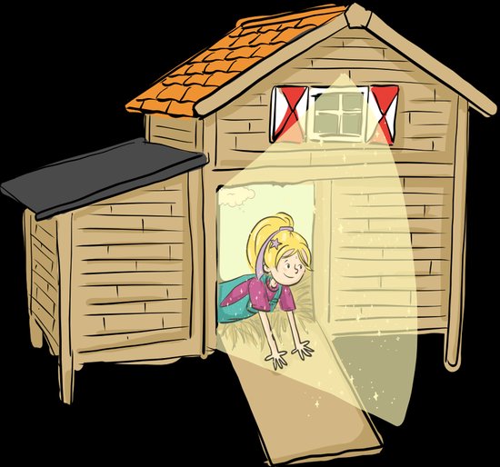 Een blond meisje in tuinbroek kruipt uit een houten huisje dat verlicht wordt door een magische gouden lichtstraal.