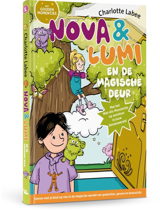 Boekomslag van Nova & Lumi en de Magische Deur, met illustraties van het meisje, de jongen en hun monstervriendjes.