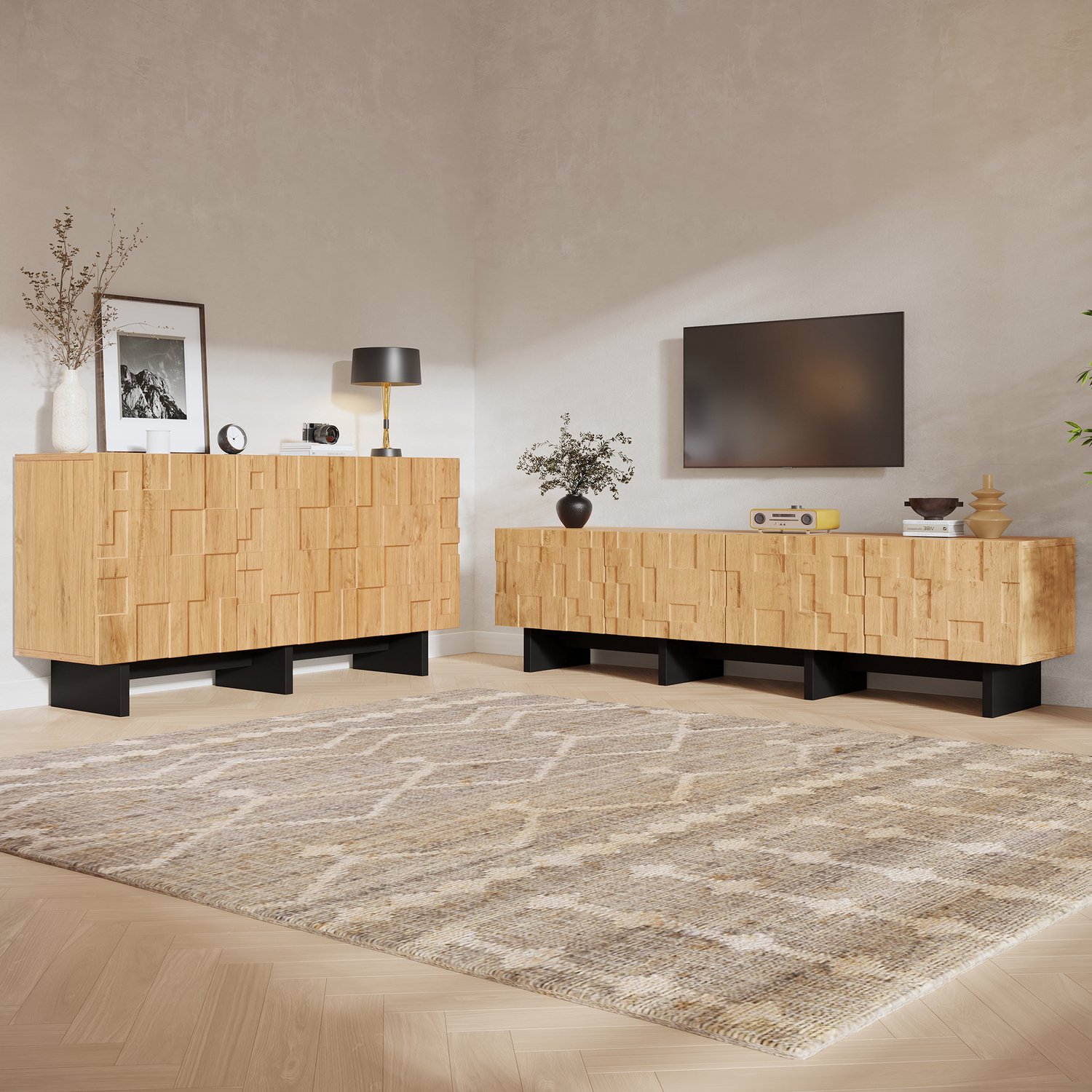 VVBV TV Meubel met LED-Verlichting / TV Kast 190x38x42 cm – App-Bediening, Opbergruimte, Tot 30 kg, Houtlook – voor Woonkamer – Spaanplaat – Wit