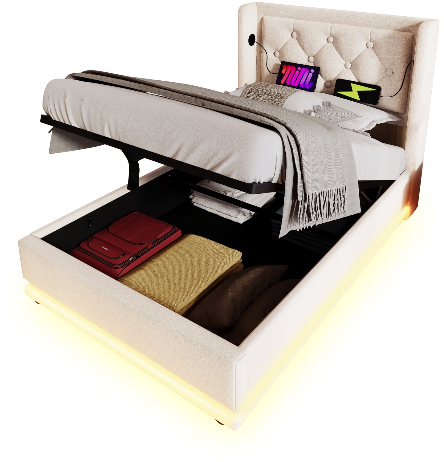 Eenpersoonsbed 90x200 cm - Gestoffeerd Opbergbed Met Hydraulische Bedbodem - Hoofdbord Met USB En USB-C - LED Verlichting - Beige Katoen