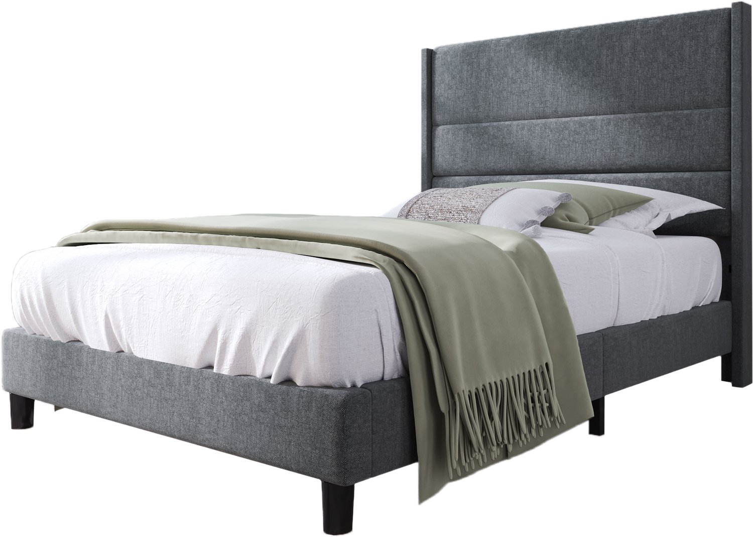 Gestoffeerd Bed 90 x 200 cm - Bedframe Met Lattenbodem En Hoofdbord - Linnen Bekleding Met Ruimte Onder Het Bed - Donkergrijs