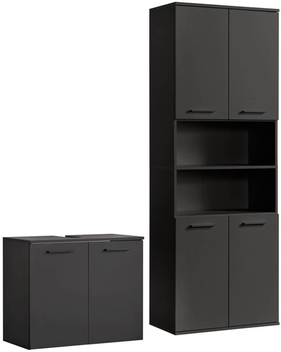 Set van twee antracietkleurige badkamermeubels: een wastafelonderkast en een hoge kast met open schappen.