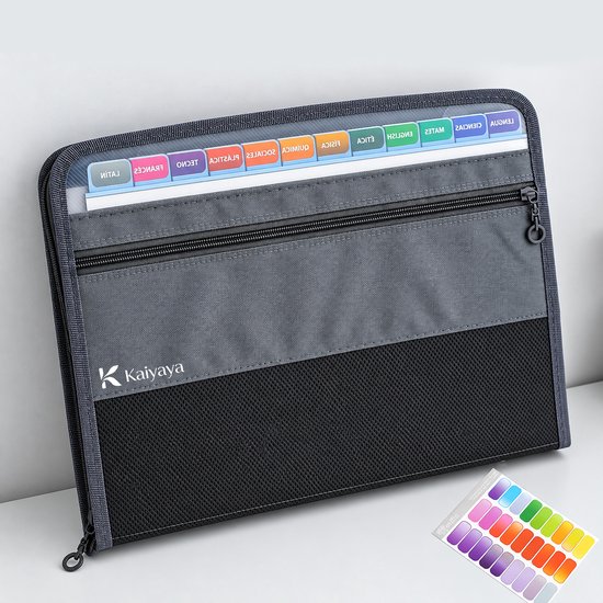 Classeur accordéon noir de la marque Kaiyaya avec poche avant et feuille d'étiquettes colorées.