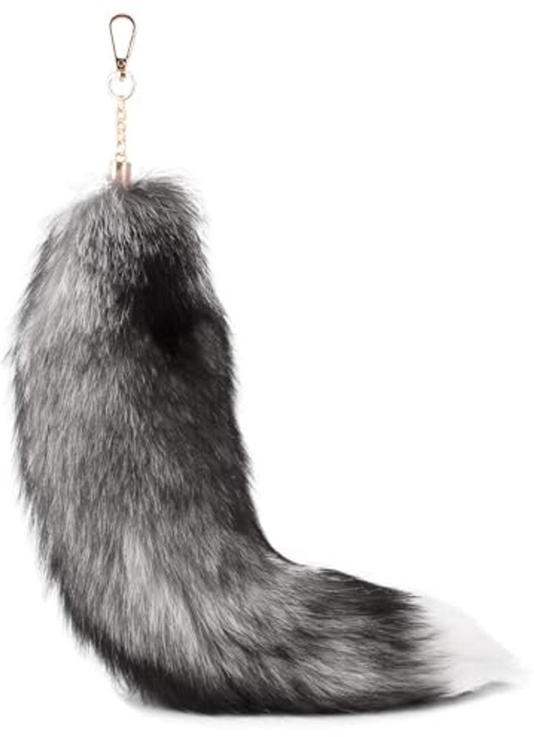 Tashanger - sleutelhanger - Nepbont realistische vossenstaart - Vossenstaart Sleutelhanger - Tasaccessoire - Fluffy Kunstbont Dierenstaart - Zachte Pluche Tashanger - 40 x 12 cm - Grijs Wit