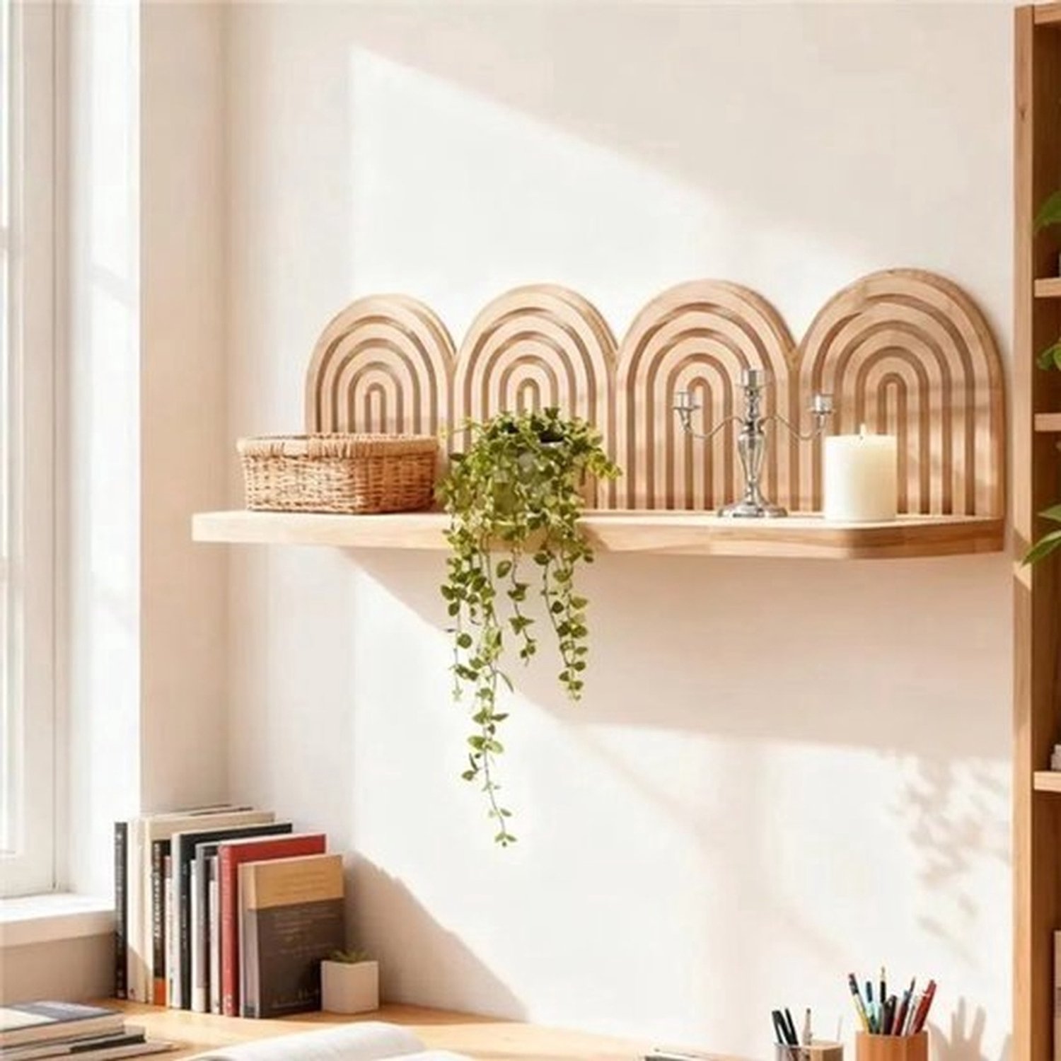 Houten gewelfde wandplank, decoratief wandrek in Boheemse stijl, regenboogvormige displayplank, geschikt voor de inrichting van slaapkamers en woonkamers (Viervoudig compartiment)