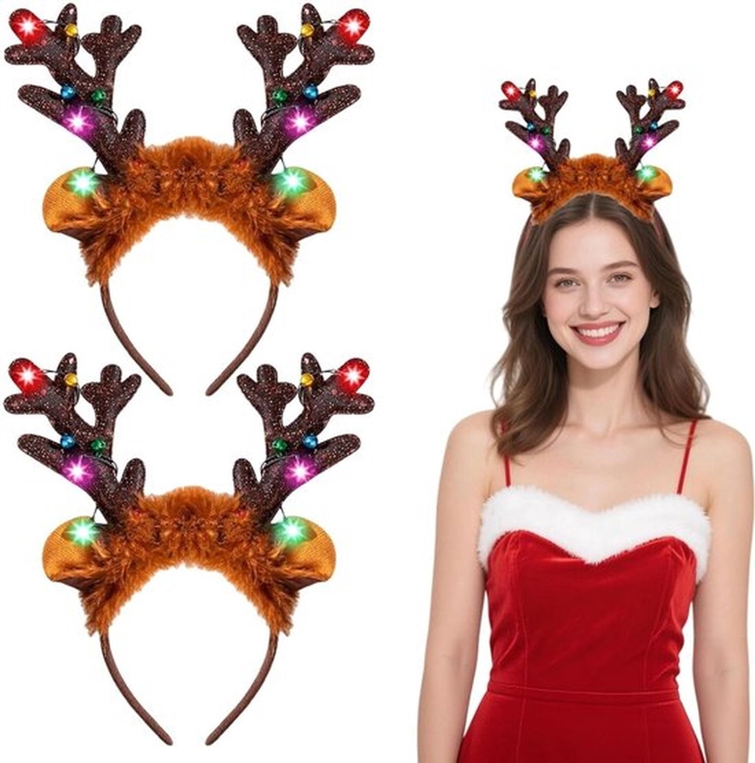 2 Stuks Verlicht Rendier Hoofdband Bruin | Kerst Accessoire Met led-verlichting, bellen en bont, voor kerstfeesten en carnaval