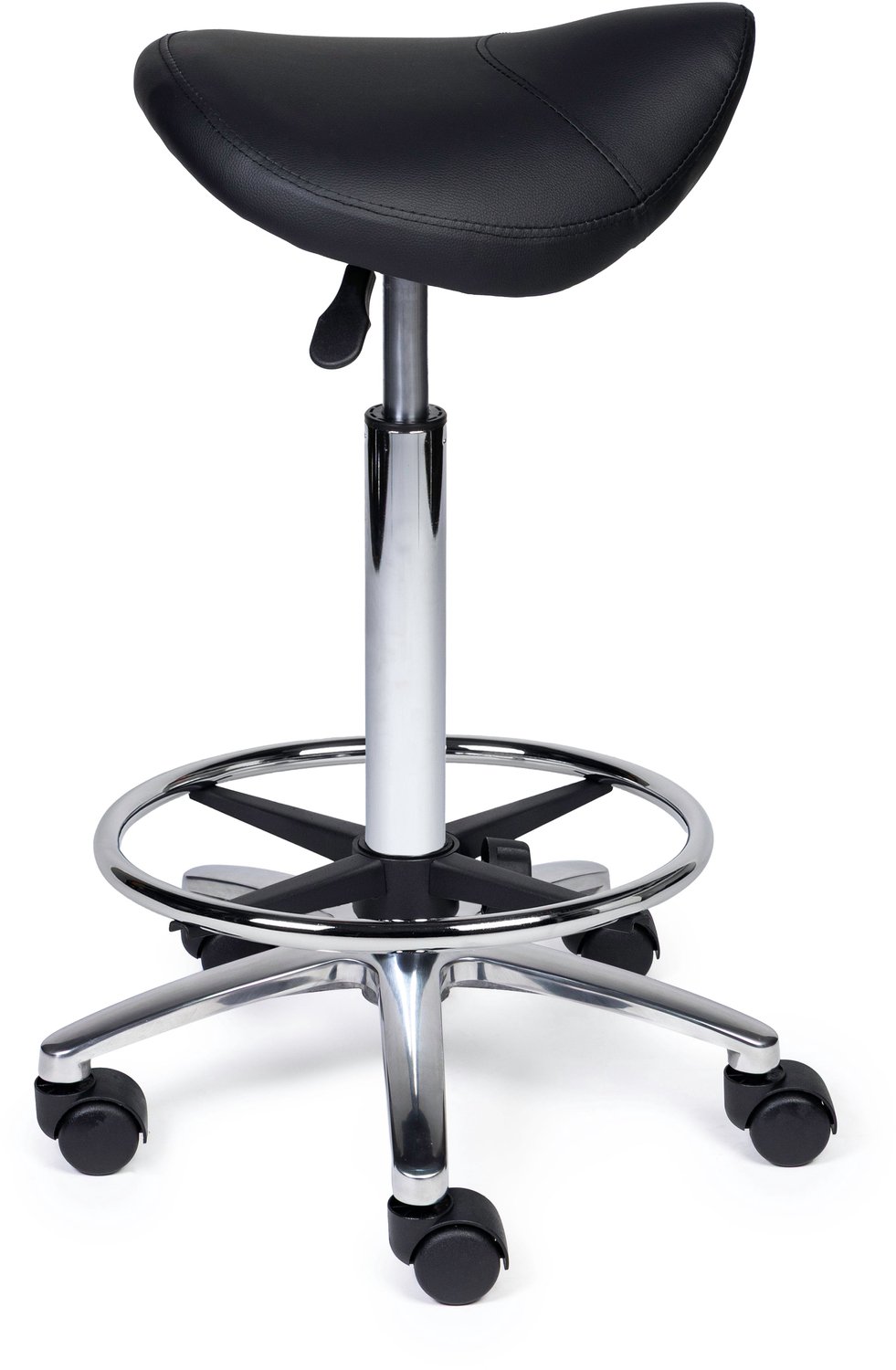 Ergonomische Zadelkruk Compact Zwart op Wielen Standaard uitvoering (50-68cm) / Met voetensteun / Voetdoppen