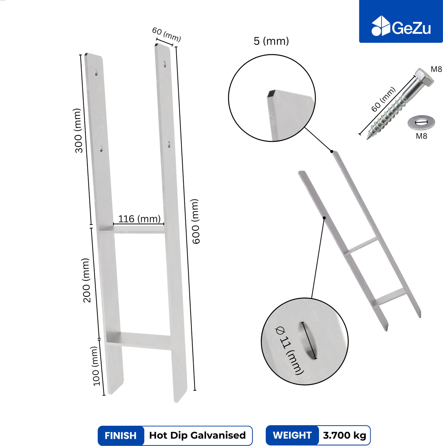 GeZu Impex H Paalhouder 116 x 600 mm set van 8 Thermisch Verzinkt anker paaldrager paalanker paalsteun