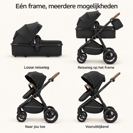 Lunola Noor Premium Kinderwagen 2 in 1 - Combi met Reiswieg en Omkeerbaar Zitje - Compact Inklapbaar - Buggy en kinderwagen voor 0 tot 3 Jaar - Zwart — afbeelding 2