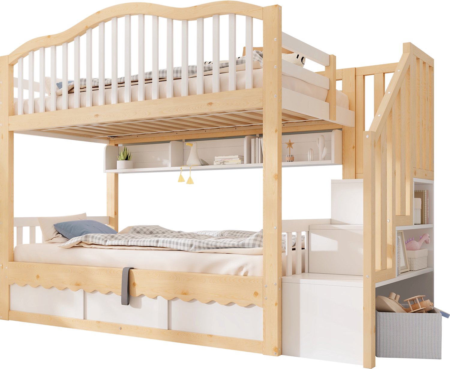 Stapelbed 90x200 Met Hydraulische Opbergruimte - Houten Kinderbed Met Veiligheidstrap En Opbergvakken - Wit En Eikenkleur