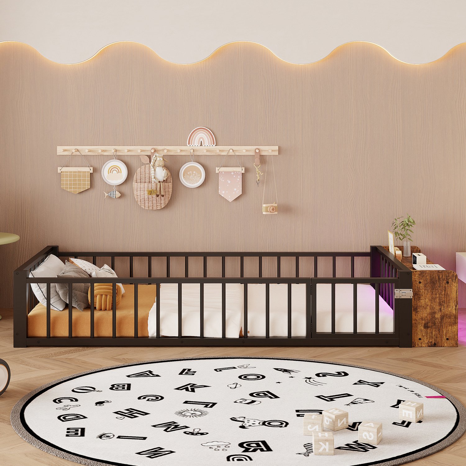 Kinderbed 90 x 200 cm - Uitvalbeveiliging - LED-verlichting - Zwart