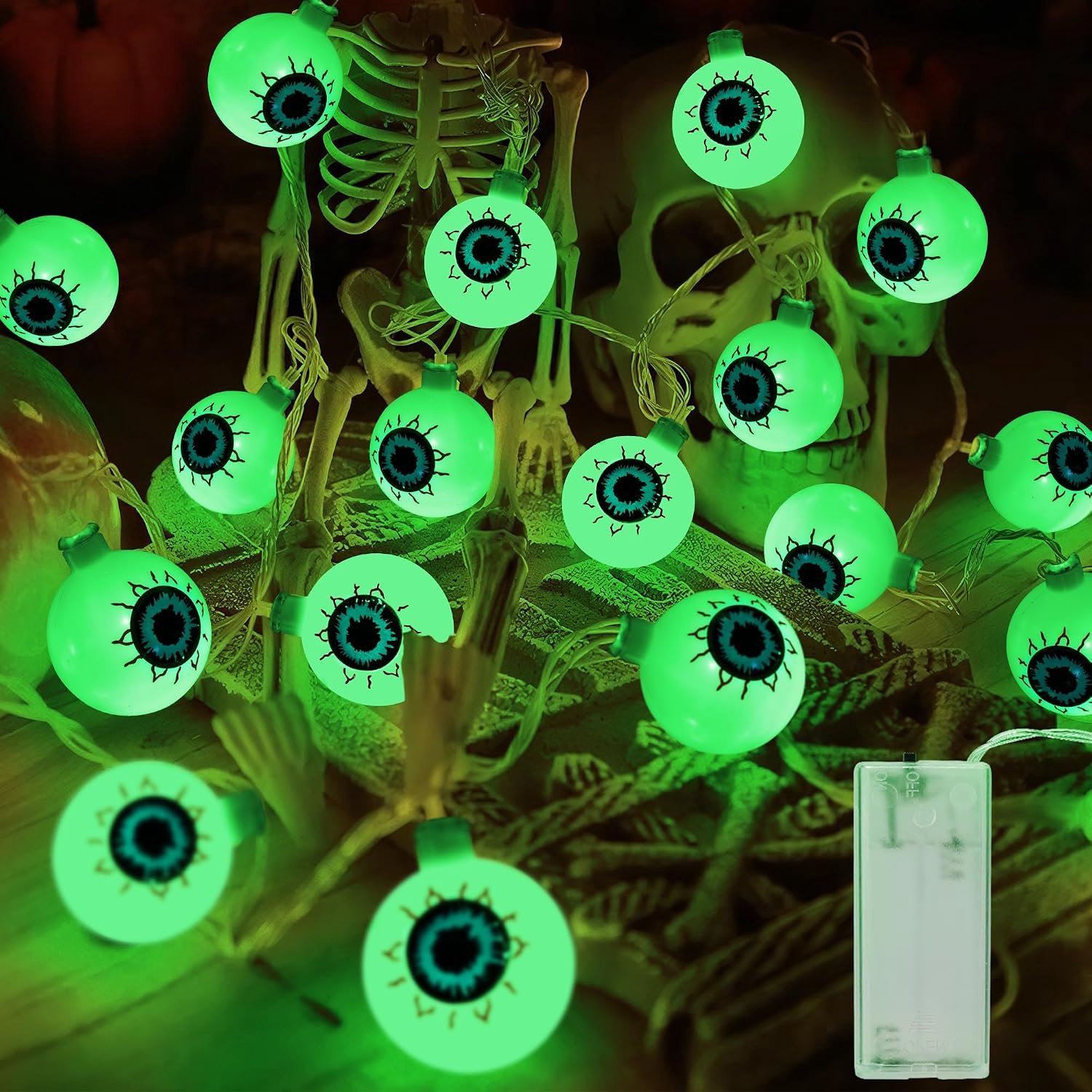YAGXIG Halloween Lichtslingers - Ghost Eye Lights - Decoratieve Halloween-verlichting - 6 meter 40 LED's - Werkt op batterijen - Decoratieve oogbolverlichting voor buiten - Geschikt voor Halloween-feestdecoratie - Groen licht Ghost Eyes