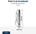 Zilverkleurige LECTRIK laserpen met polsbandje en clip, afmetingen 11,4 cm bij 1,7 cm diameter en 30 gram.