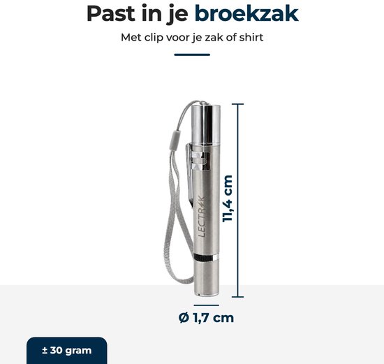 Zilverkleurige LECTRIK laserpen met polsbandje en clip, afmetingen 11,4 cm bij 1,7 cm diameter en 30 gram.