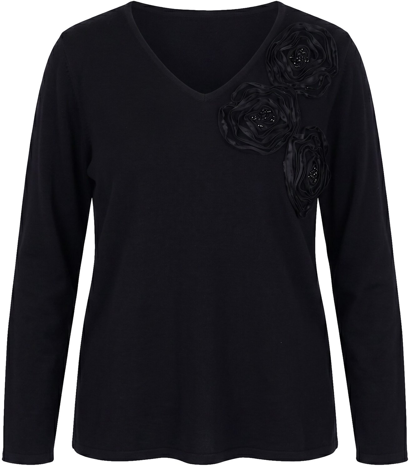 Ulla Popken - Dames - Trui 3D-bloemen kralen V-hals lange mouwen - Zwart - Maat 50+