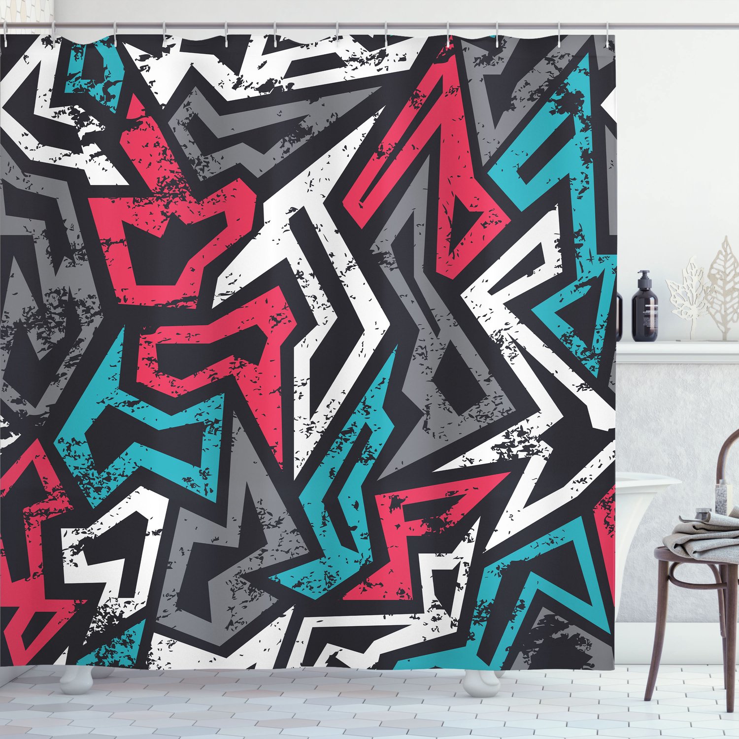 ABAKUHAUS Grunge Douchegordijn, Abstracte Vormen in Graffitikunststijl met Underground Hip-Hop en Funky Straatmuur, Stoffen Badkamerdecoratieset met Haken, 175 B x 200 L, Meerkleurig