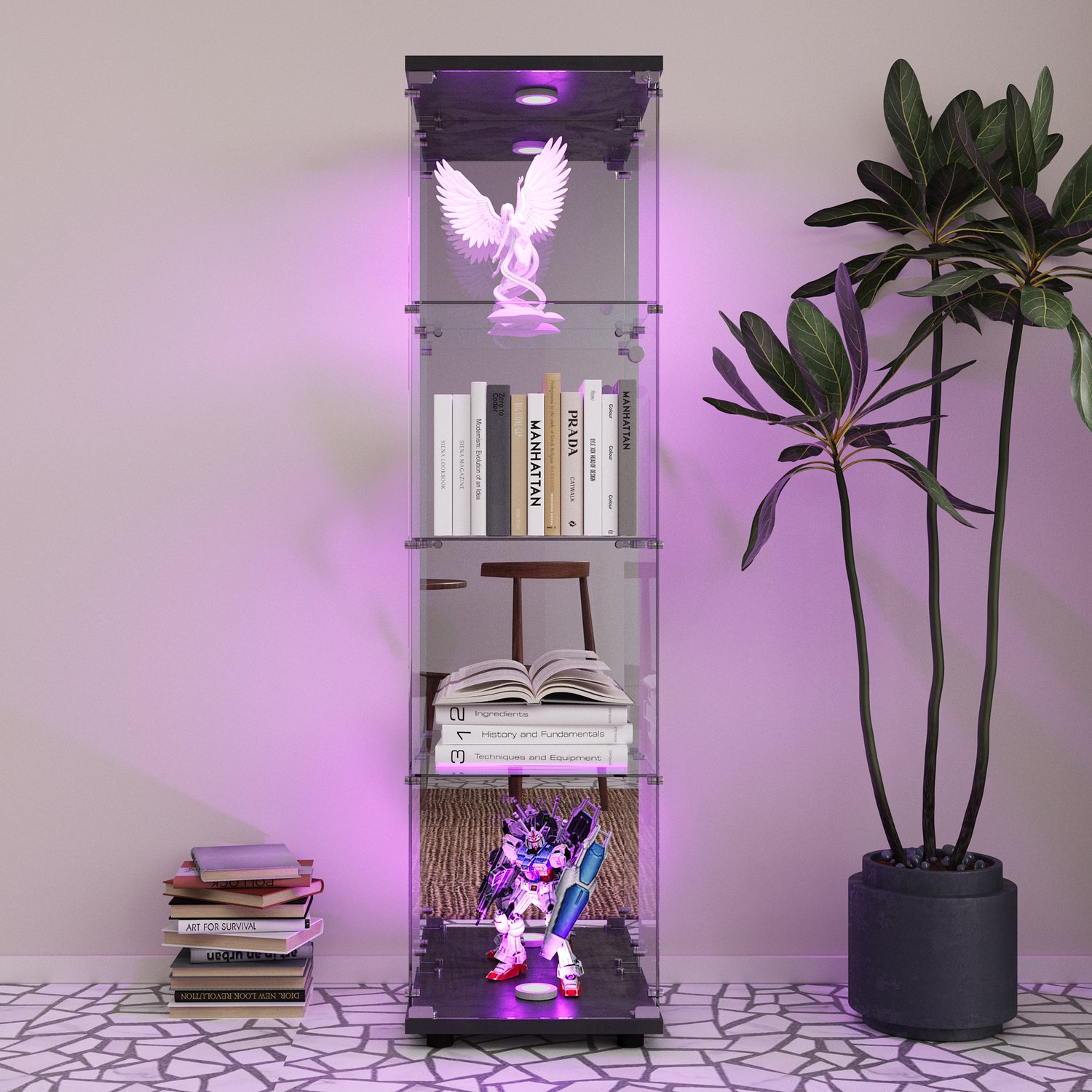 Yelenaro Glazen vitrinekast met led verlichting en spiegel, Vitrinekast van glas met veiligheidsslot, 1 deur en 4 lagen, Gehard Glas, vitrines, collectiekast, staande glazenkast, 42.5x36.5x164cm, Zwart