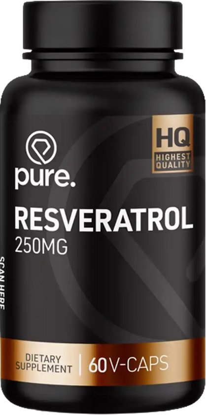Zwarte fles Pure. Resveratrol 250mg supplement met 60 plantaardige capsules.