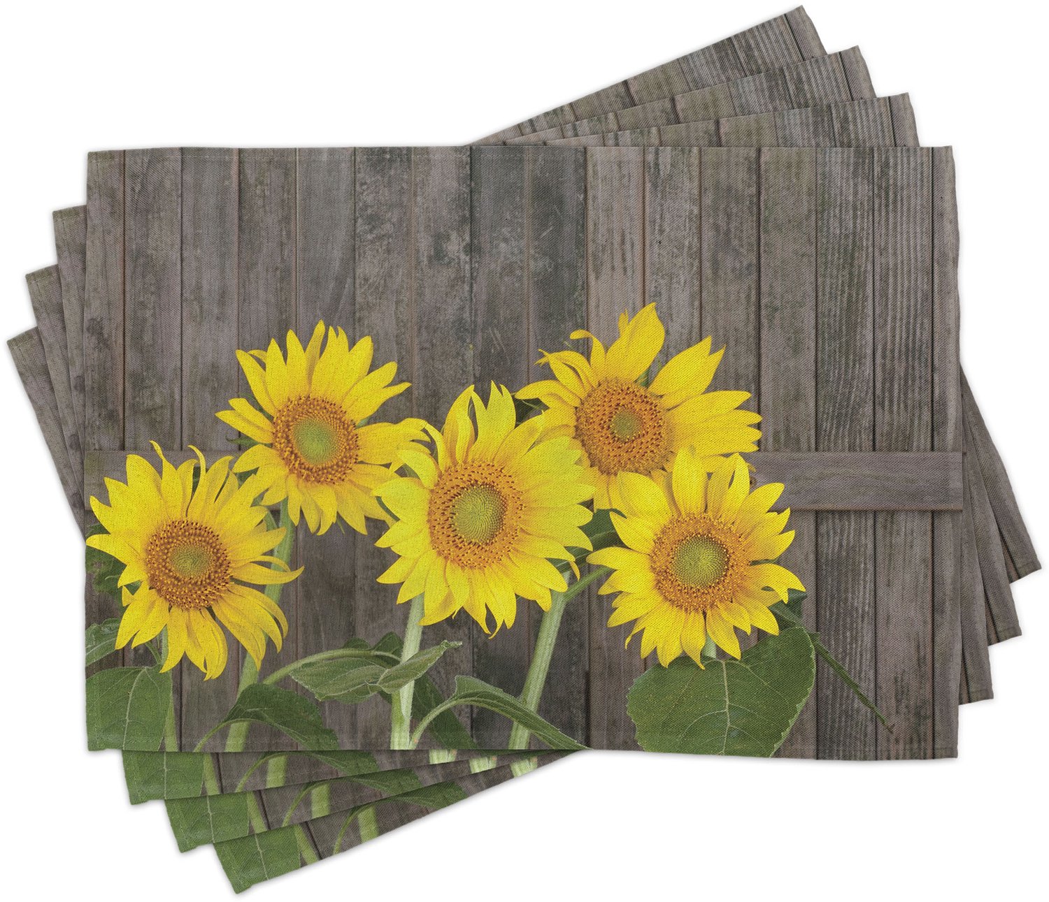 ABAKUHAUS Zonnebloem Placemats Set van 4, Helianthus Zonnebloemen Tegen Verweerde Verouderde Hek Zomer Tuin Foto, Wasbare Stoffen Placemats voor de Eettafel, Standaardformaat, Bruin Geel