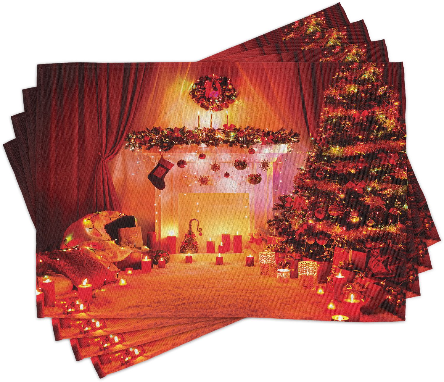 ABAKUHAUS Kerst Placemats Set van 4, Kerst Kamer Ontwerp Bos van Hulst Kersttijd Objecten Fantasie Avond Sierlijke Illustratie, Wasbare Stoffen Placemats voor de Eettafel, Standaardformaat, Oranje