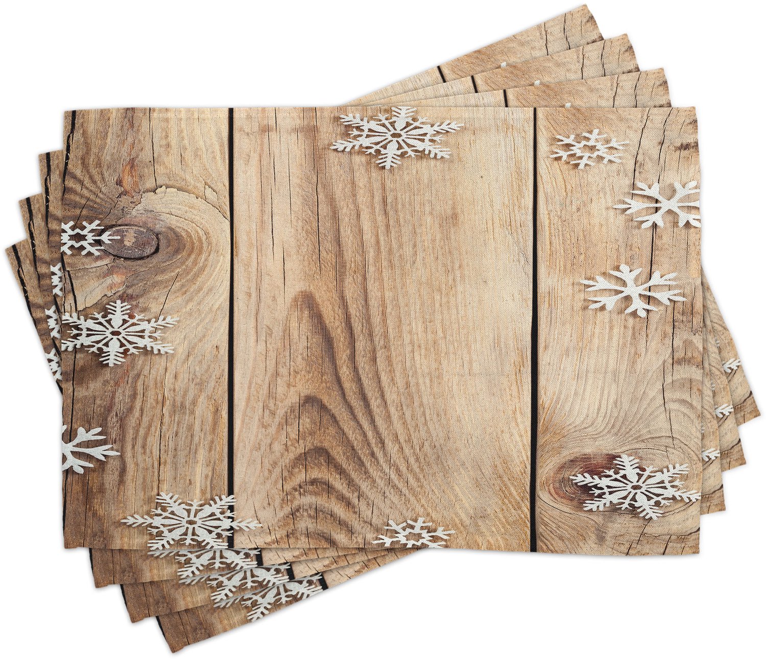ABAKUHAUS Kerst Placemats Set van 4, Rustiek Houten Planken Textuur Afbeelding met Sneeuwvlokken Landelijk, Wasbare Stoffen Placemats voor Eetkamer- en Keukentafeldecoratie, Bruin Lichtbruin Wit
