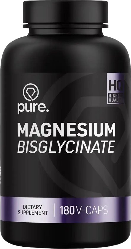 Zwarte pot Pure. Magnesium Bisglycinate supplement met paarse band, bevat 180 vegetarische capsules.