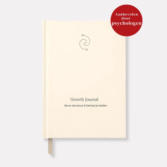 Crèmewit Growth Journal met een rode sticker met tekst 'Aanbevolen door psychologen'.