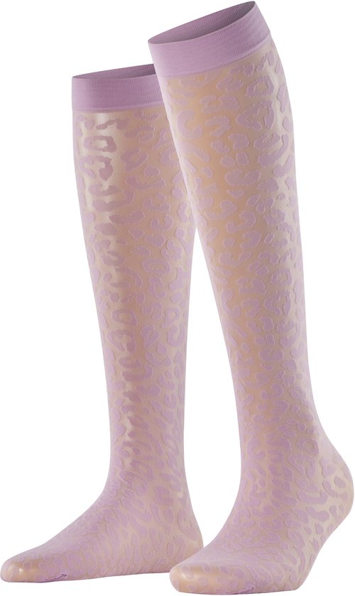 Paarse transparante kniekousen van FALKE met een all-over luipaardprint en elastische boord.
