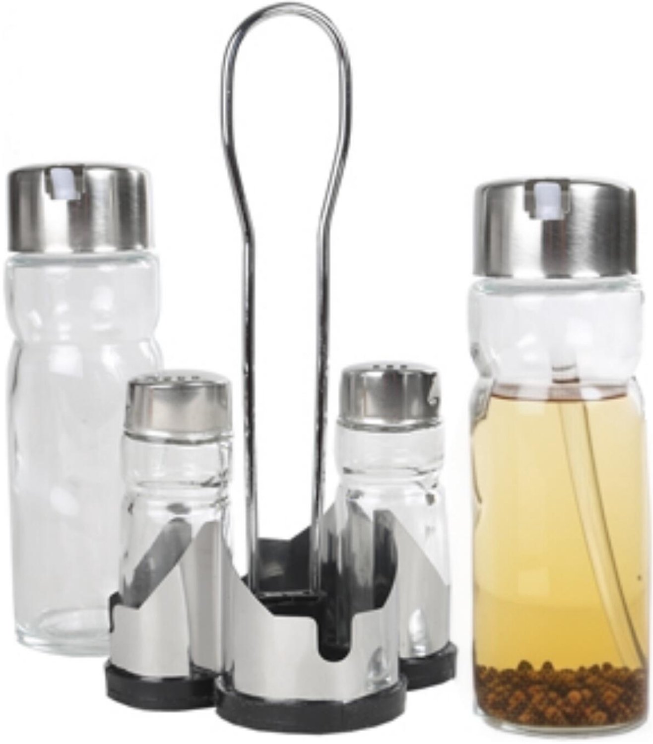 Alessandro Azijn / Olie set flessen voor op tafel - 4-delig - glas - in houder - peper / zout strooier - tafelset