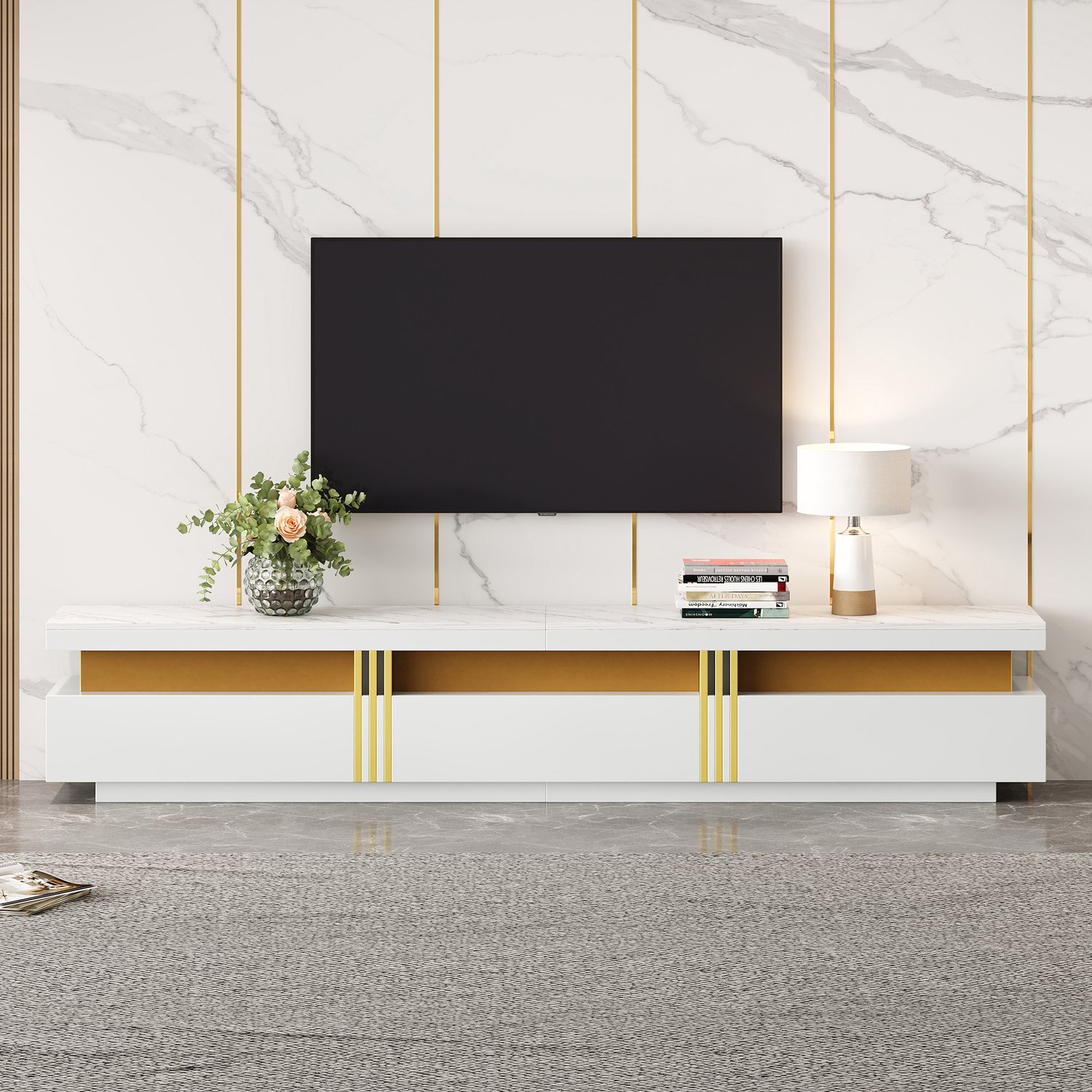 TV-meubel 200 cm met marmerlook-3 lades en kabeldoorvoer voor tv tot 90 inch - Wit